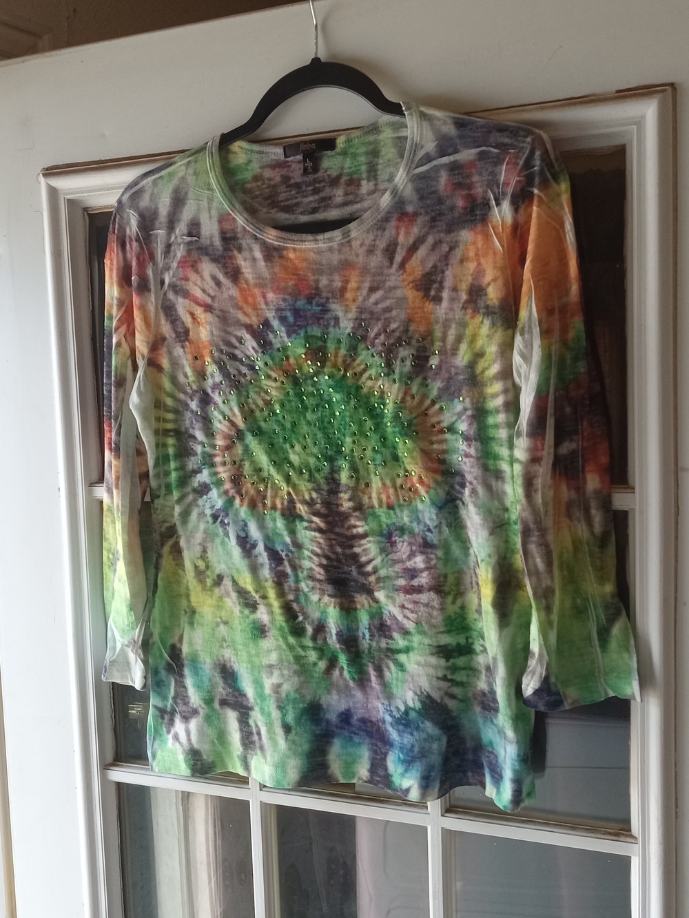 Reba Multicolor Tie-Dye Three Quarter Sleeve Top with Rhinestone Accent